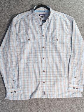 Patagonia Island Hopper Vented Fishing Shirt Size Large In Blue / Coral Plaid